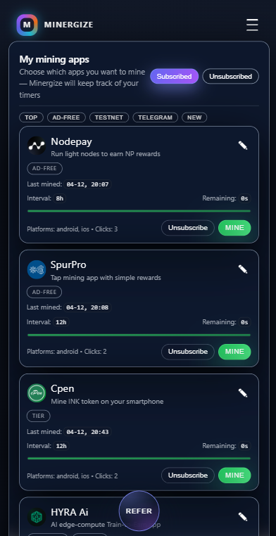 Minergize Dashboard Screenshot